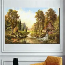 Классический пейзаж, картина маслом, печать на холсте, пейзаж, холст, художественная живопись, Лесной дом, плакат для гостиной, настенные декоративные