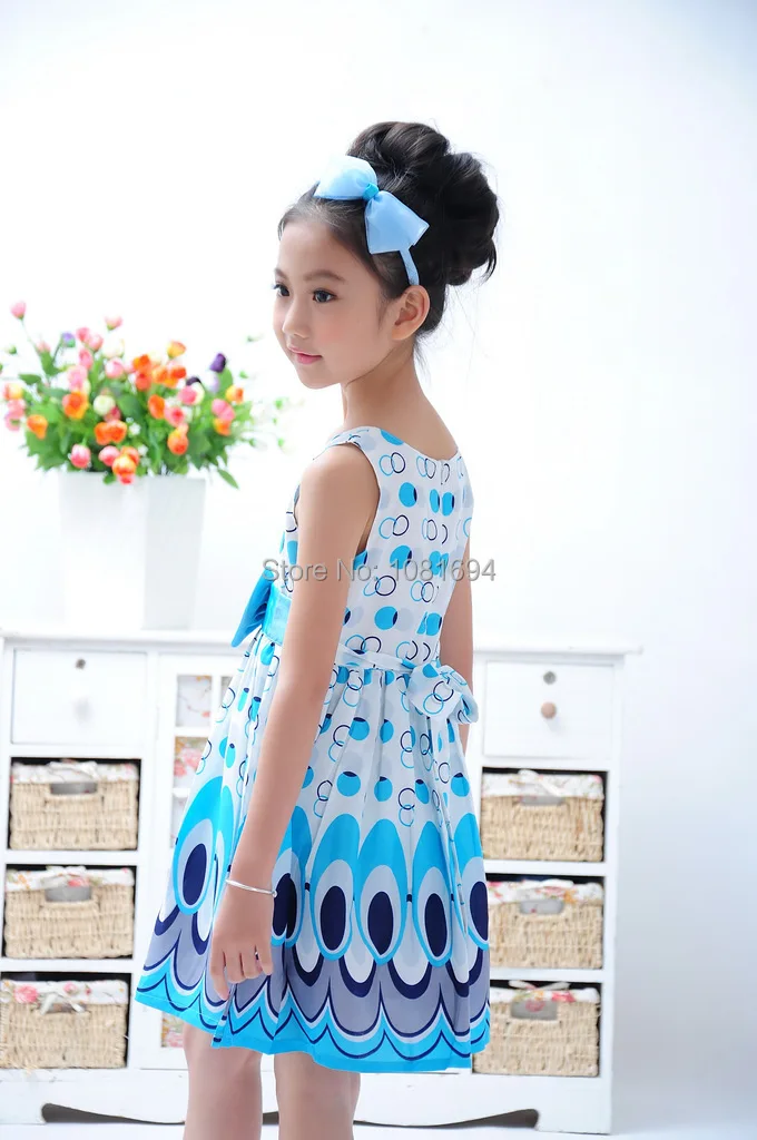 Новое детское платье для девочек платье принцессы с поясом в виде банта круг с пузырями, в стиле павлина, детское платье с принтом для девочек, праздничная одежда От 2 до 9 лет