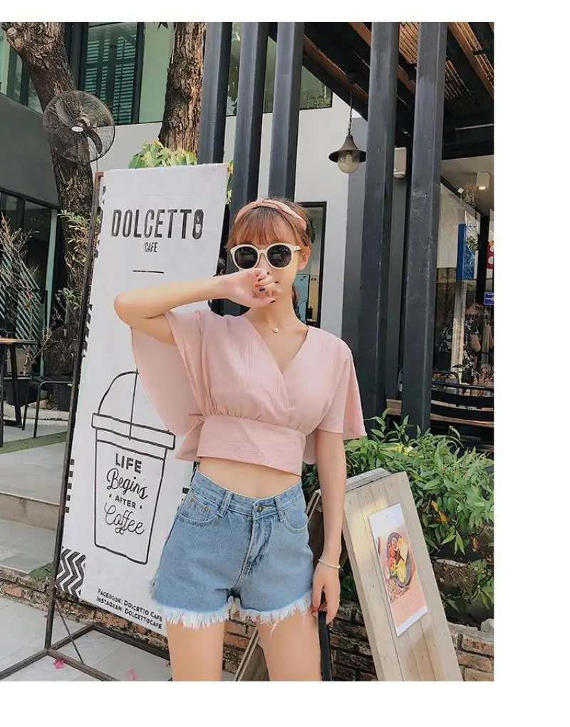 2018 summer women short flare sleeve short top sexy wrap v neck blouse female vacation lace up bow tie crop shirt top