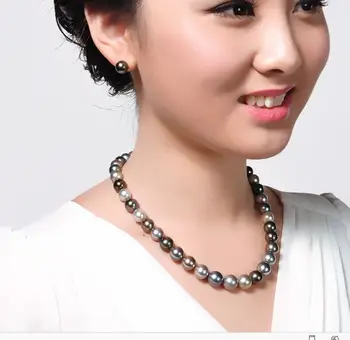

set of 11- 12mm natural round black green multiclor pearl necklace &earring