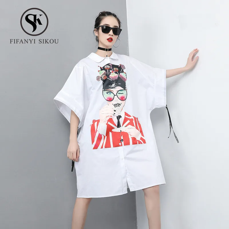 

Oversized Shirt Streetwear Womens tops and blouses 2019 Summer Fashion Half sleeve Print Blouse women Casual Loose Long Shirts