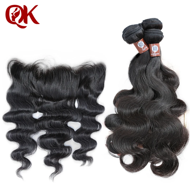 QueenKing Human Hair Bundles With Closure Brazilian Body Wave Hair Weaves 3 Bundles and Lace Frontal 13x4 Pre-Plucked Hair Line body-wave-with-frontal