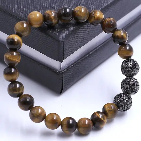 

Fashion Men Women Jewelry Brown Tiger Eye Gunmetal CZ Beads Men Macrame Bracelet