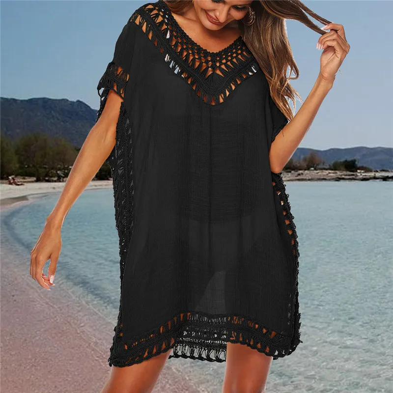 

Women's Summer Short Sleeve Hollow Out Bikini Cover- 2019 New Fashion V-Neck Loose Comfortable Casual Beach Cover-