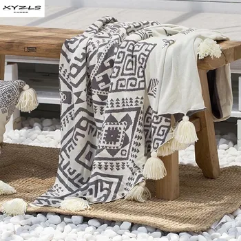 

XYZLS Modern Geometric Blankets Soft 100% Cotton Knitted Throw Blanket With Tassels For Sofa Bed Home Bedspread 130x180cm