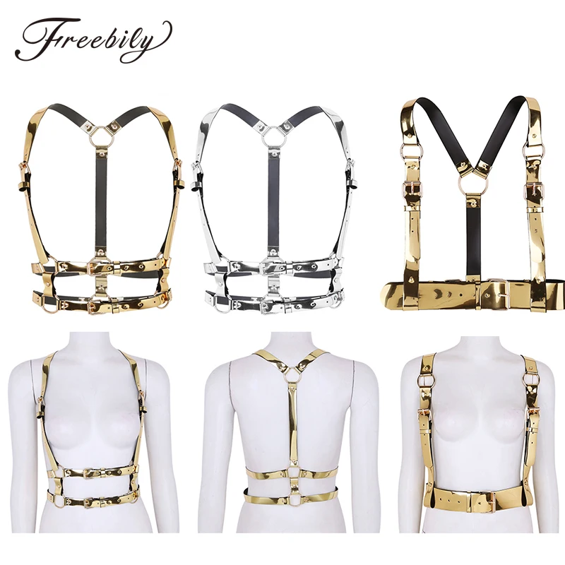 

Unisex New Fashion Punk Rave Festival Faux Leather Sexy bondage harness Gold Belt Women Men Waist Belt Club Party Strap Top