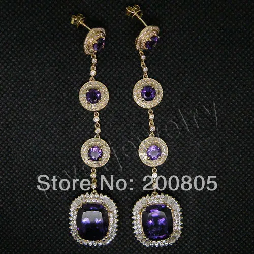 

Round 5mm Cushion 10x12mm Vintage Solid 18kt Gold Diamond Purple Amethyst Earrings E00148A