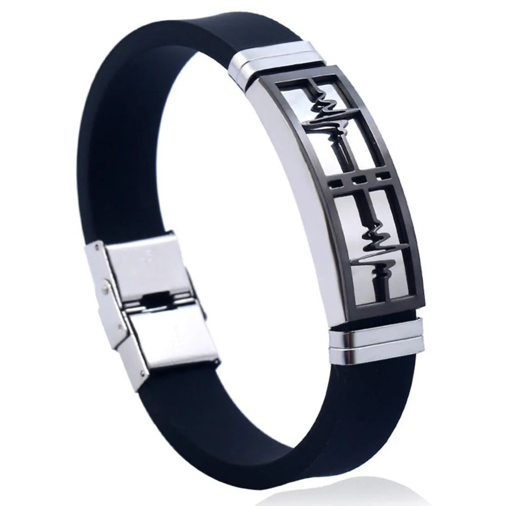 2018 New Design Stainless Steel Silicone Mens WristBand Bracelet Bangles Black Rubber Bracelet