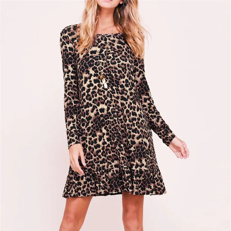 Fashion dress Autumn 2018 beach dress Women O Neck Leopart Print Mini Dress Long Sleeve Party Club Wrap Tea Dress robe O11#N (9)