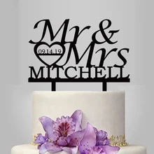 1 шт., заказное имя, дата, Свадебный акриловый Топпер для торта, персонализированный Свадебный Топпер для романтического украшения свадебного торта YC065