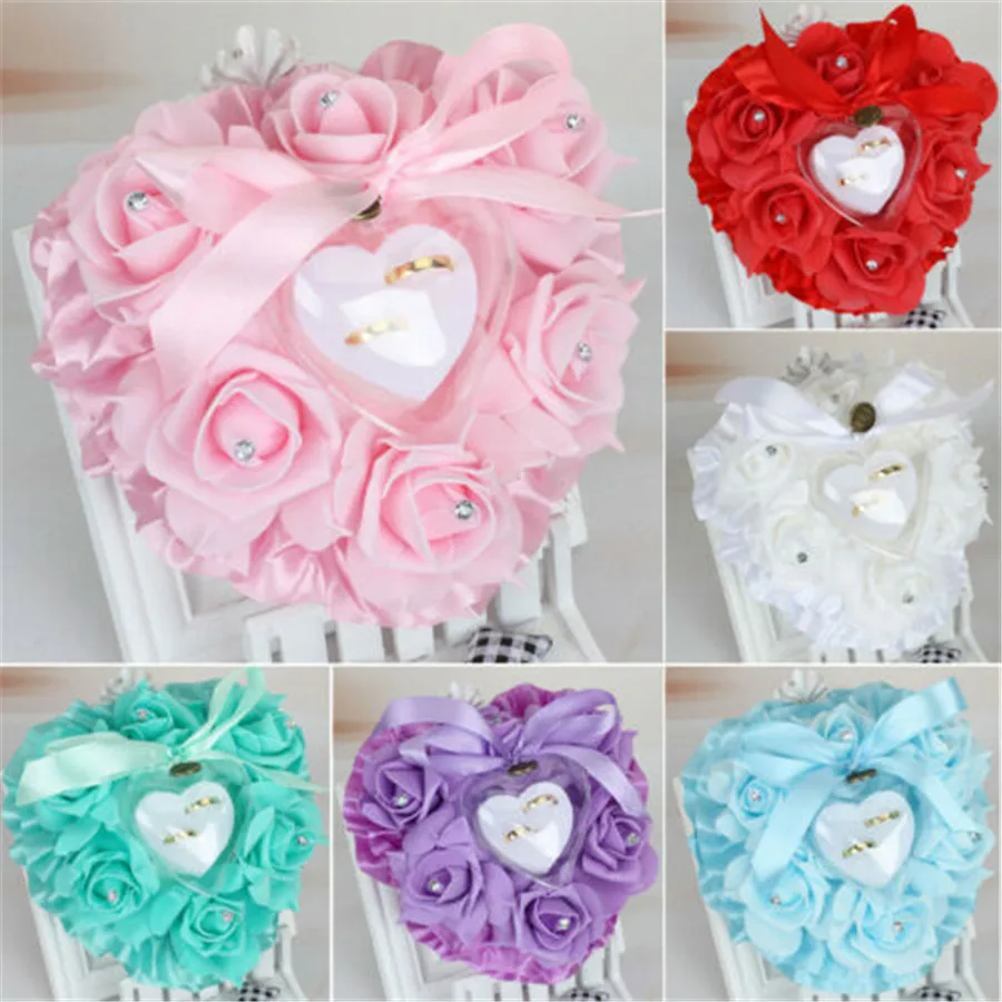 

Romantic Rose Wedding Favors Heart Shaped Ring Box Storage Cushions Pillow Decoration For Wedding Jewelry Gifts