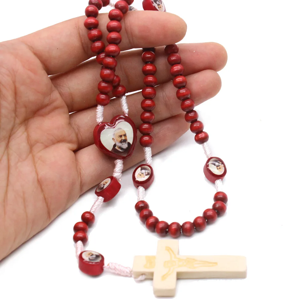 Святое отец наша Леди из красного дерева бусы ручной работы ожерелье с четками крест религиозный католический Ювелирные Изделия Ручной Работы Четки - Цвет: Old man head