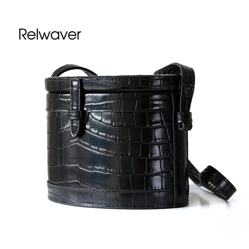 

Women crossbody bag genuine leather crocodile pattern cowhide mini bucket box black milk tea fashion chic style shoulder bag