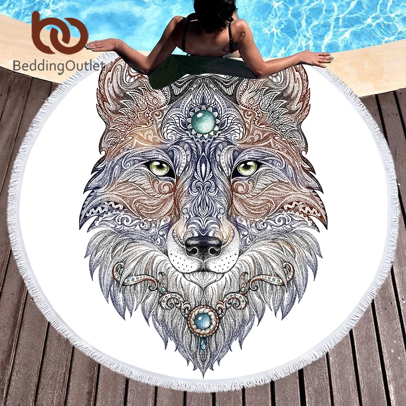 

BeddingOutlet Tattoo Head Wolf Round Beach Towel for Adults Microfiber Animal Bath Towel With Tassels Black and White Yoga Mat