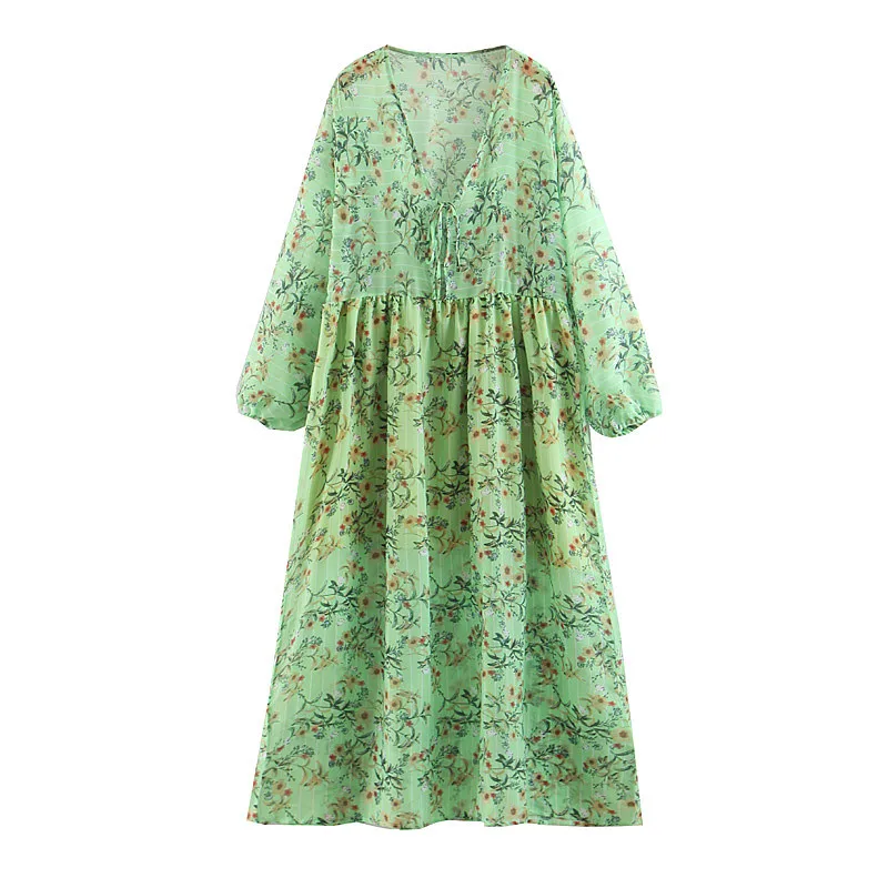 

Women Print Summer Midi Dress V Neck Lantern Sleeve Loose Casual Pleated Dress
