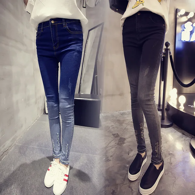 Autumn Winter New Thin Gradient Hole Jean Femme Ripped