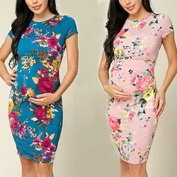 Женские платья для беременных элегантное Цветочное платье с короткими рукавами и круглым вырезом длиной до колена платье для фотосъемки