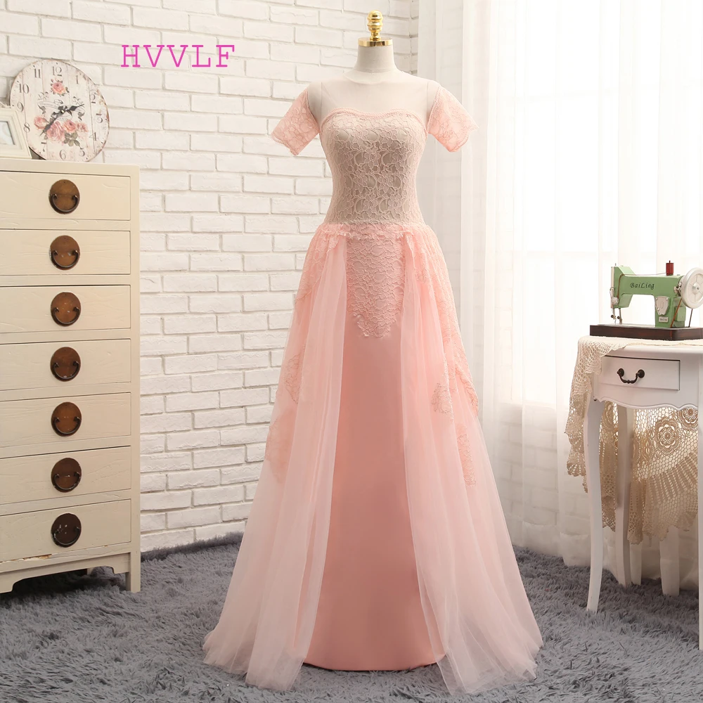 

New Detachable Skirt 2019 Prom Dresses A-line Cap Sleeves Chiffon Lace Pink Long Prom Gown Evening Dresses Evening Gown