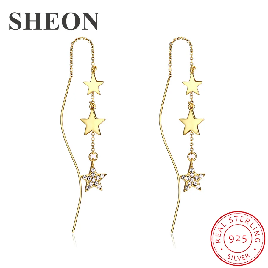 

SHEON 925 Sterling Silver Stackable Star Inlaid Crystal Personality Drop Earrings For Women Authentic Sterling Silver Jewelry