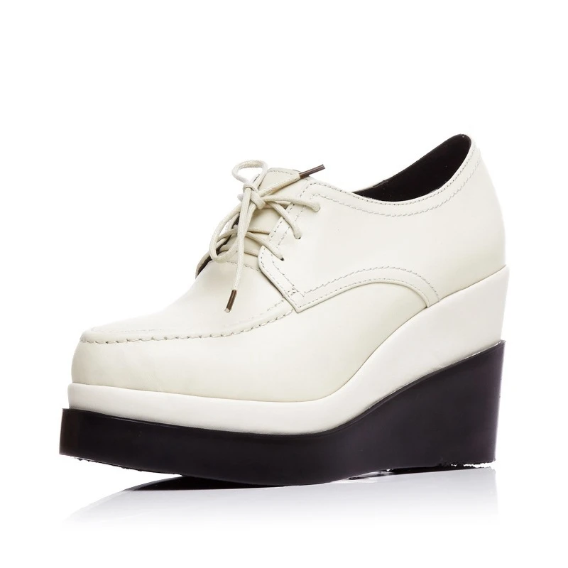 

Thick Crust Muffin Slope Heels Black White Cowhide Round Toe Crossed Lace-up Beautiful All-match Wedges Shoes Women Footwear