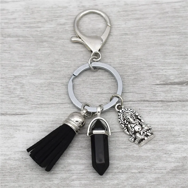 Indian Vintage Jewelry Antique Silver Meditation Elephant Buddha Ganesha Charm Tassel Pendant Natural Stone Key Rings Keychains | Украшения