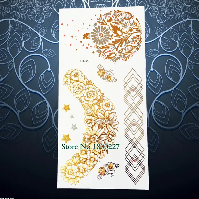 071 1 Pc Flash Tatouage Temporaire Femmes De Mariage Henné Dentelle Jewel Ph20 Or Fleur Blossom Imperméable Métallique Tatouage Bras épaule Tatoo