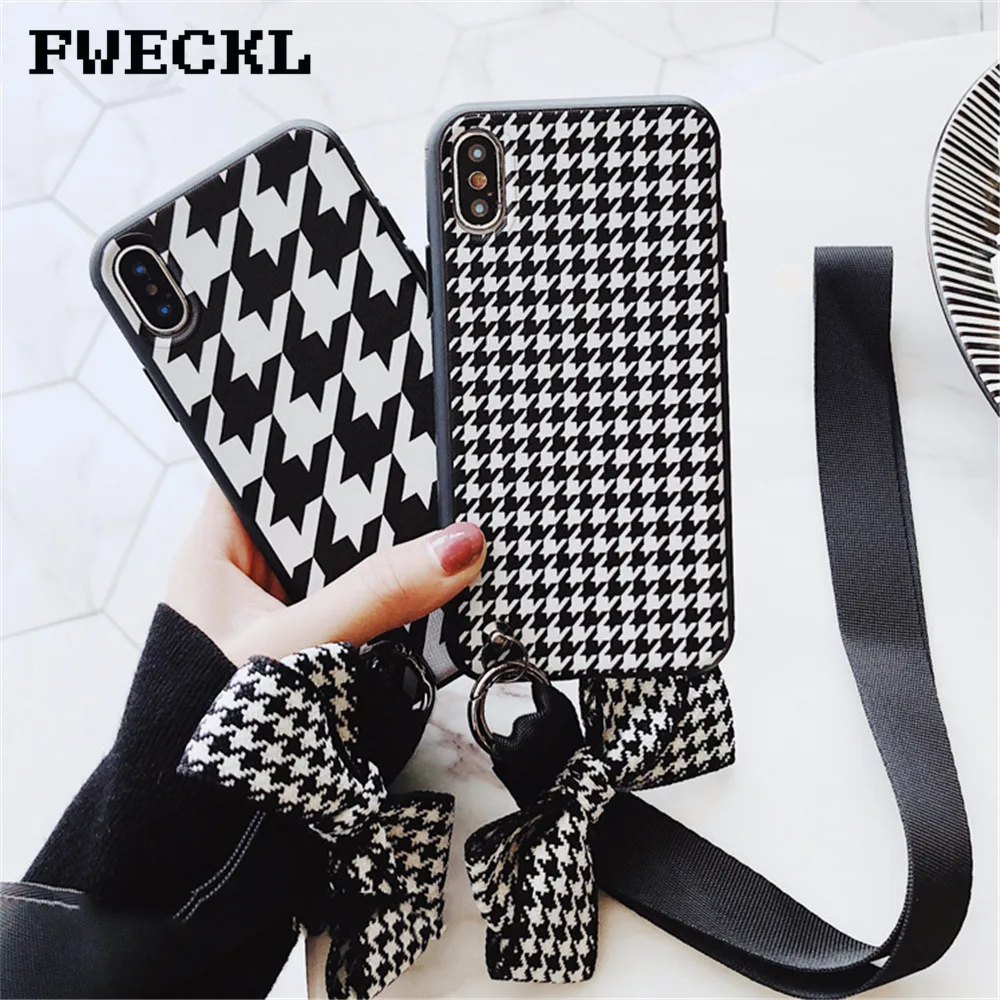 

Luxury Black and white lattice pattern Soft TPU Silicon Phone Case For iPhone 6 6S Plus 78 Plus X With Fashion Bow Tie Lanyard