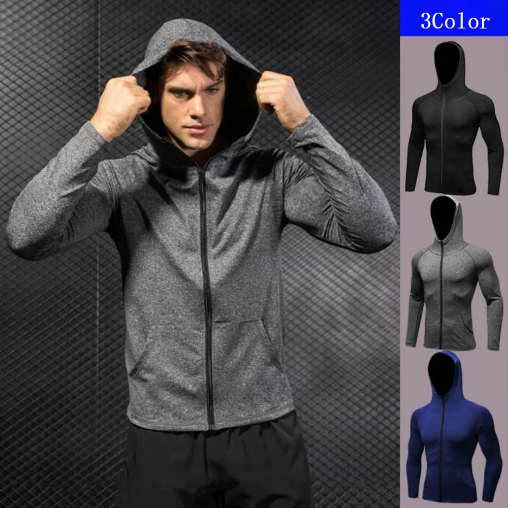

New Men Quick Dry Cap Hoodie Sweatshirt Sportings Compress Fitness Tight Shirt Gyms Bodybuilding Runs Jacket 2XL Hoodies 3Colors