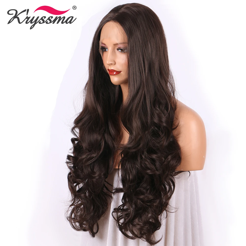 K'ryssma Dark Brown Synthetic Lace Front Wig Long Wavy Chestnut Wigs for Women With Baby Hair Glueless Natural Color Hair Wigs