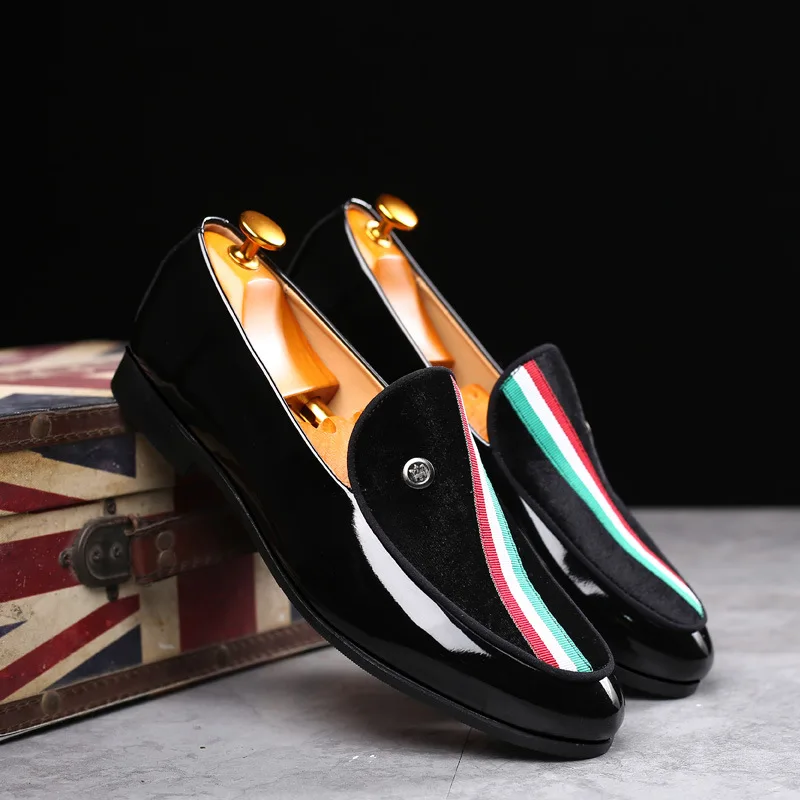 

Handmade Suede Leather Men Party Loafers Stripe Design Black Red Moccasins Flats Slip On Banquet Smoking Slippers