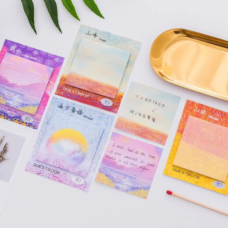 

4 pcs Oil painting sticky note Color canavas memo pad Guestbook Mirage peak lake post Stationery Office School supplies A6962