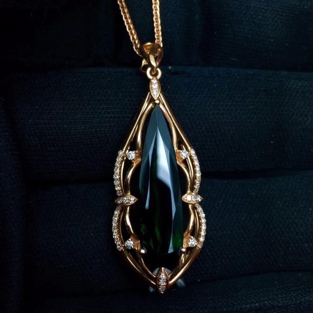 

Fine Jewelry Real 18 K Rose Gold 100% Natural Green Tourmaline 7.2ct Female Diamonds Gemstone Diamond Women's Pendants Necklaces