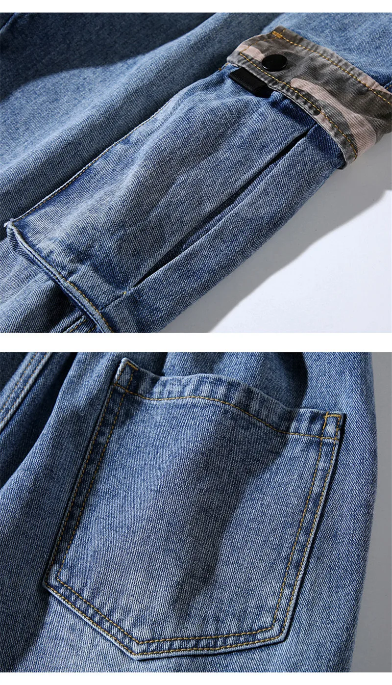 Fashion Loose Men's Cargo Pants Vintage Washed Man Multi-Pockets Jeans Patchwork Big Pockets Distressed Beam Feet Denim Trousers (4)