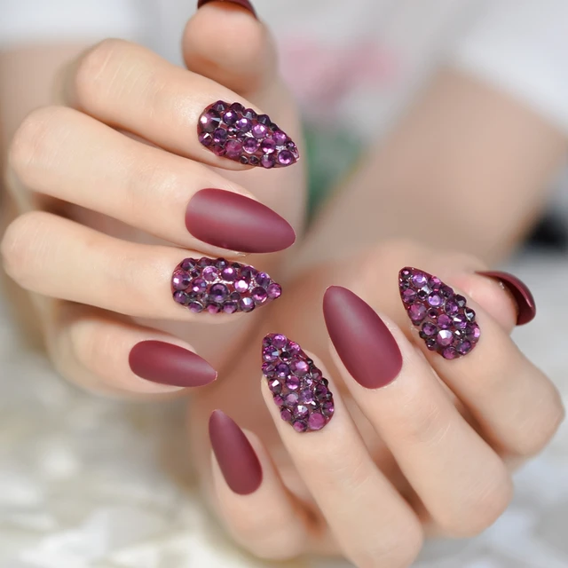 Wine Red Rhinestone Y Fake Nail Almond Medium Manicure Wine Red Rhinestone Y Fake Nail Almond Medium Manicure Accessories Matte False Nails Full Cover Lady