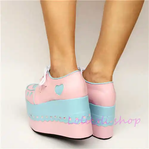 Очаровательная обувь принцессы в стиле Лолиты; обувь в японском стиле по индивидуальному заказу; цвет синий, розовый; обувь на платформе с кружевом; an1234