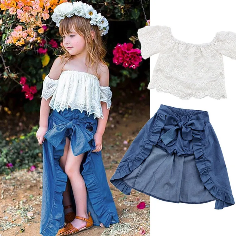 

Summer Baby Toddler Girls Clothes Flare Sleeve Lace T-shirt Tops+Denim Shorts+Skirts Casual 3pcs Outfits Set