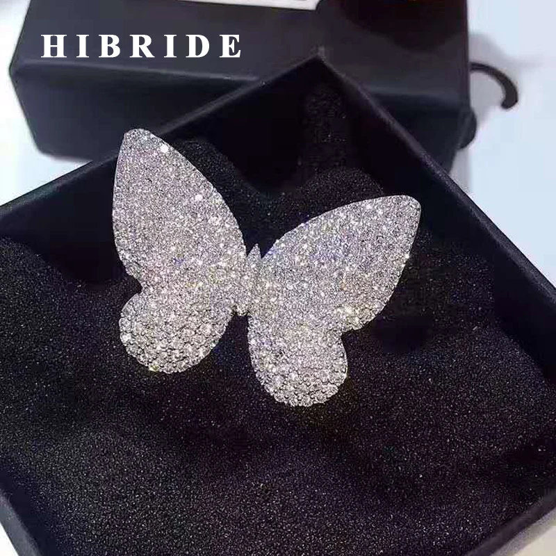 

HIBRIDE Newest Beautiful Butterfly CZ Stone Micro Pave Engagement Rings Women White Gold Color Female Finger Ring For Gift R-150
