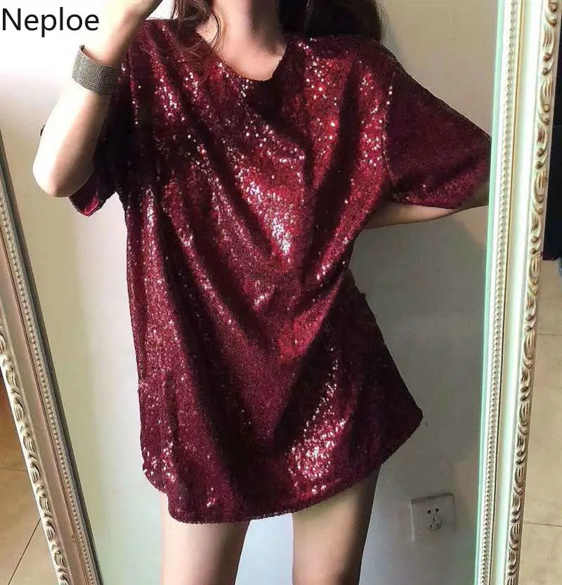 

Neploe 2019 New Bling Tshirt Women Summer Short Sleeve Full Sequins Tee Shirt Tops Fashion Causal Medium Long T Shirts 38255