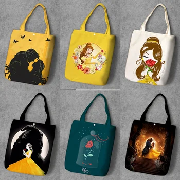 

Beauty Beast Cartoon Printed Canvas Shopping Backpack Large Capacity Tote Fashion Ladies Casual Shoulder Bags