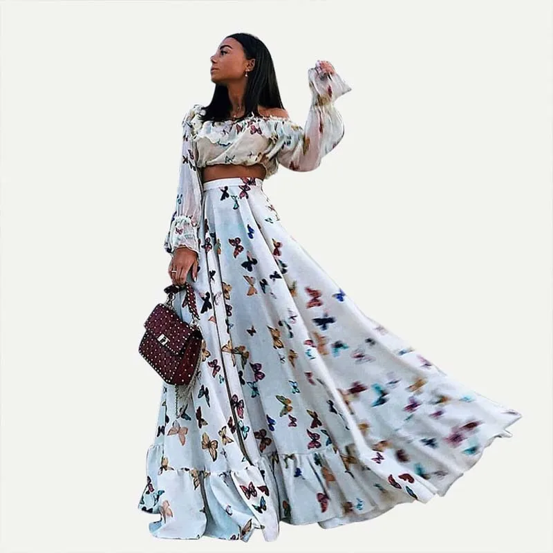 

2019 Summer Women's Two Pieces Set Slash Neck Long Sleeve Butterfly Printed Short Tops&Long Skirt Suits Boho Holiday Sundress Be