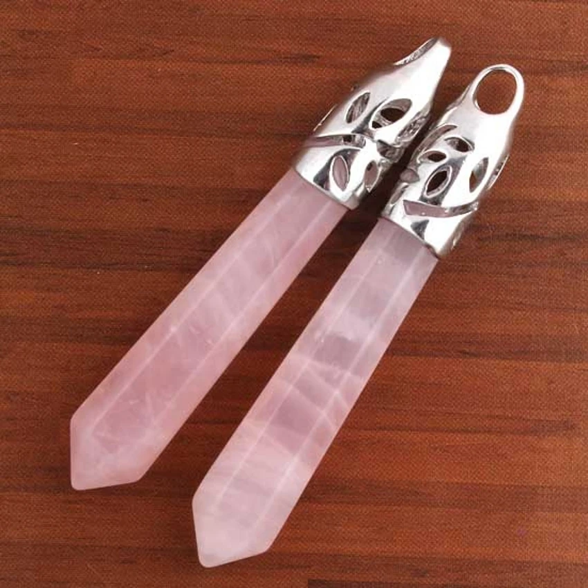 KFT Silver Plated Natural Healing Crystal Rose Pink Quartz Reiki Hexagon Prism Pendulum Stone Pendant Women Men Jewelry - Image 2