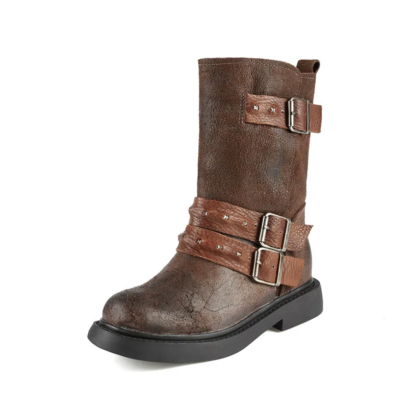 

Sougen Boots Mid-Calf Vintage Genuine Leather Women Boots Flat Women Shoes Booties Autumn Winter Boots Hot Botines Zapatos Mujer