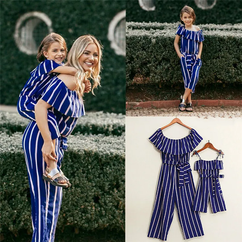 

Mother Daughter Clothes Parent-child Rompers Navy Blue Stripes Off Shoulder Ruffles Jumpsuit Family Matching Outfits Baby Girl