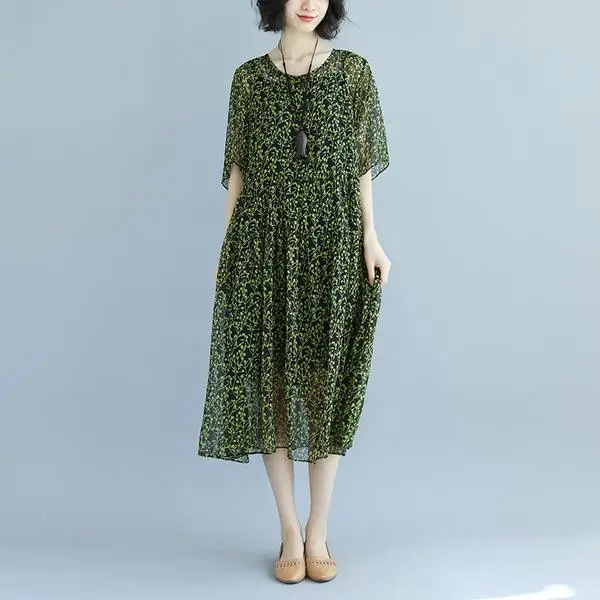 BUYKUD Elegant Summer Dresses Women Green Short Sleeve Round Neck Printed Stripe Black Loose Thin Midi Dress With Black Slip  (2)