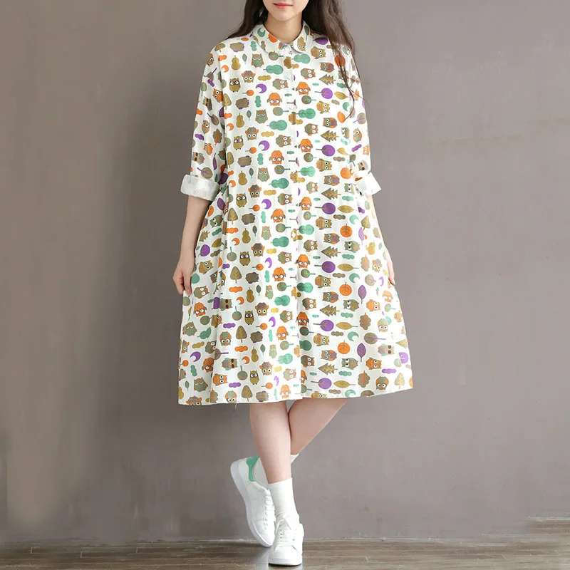 

Women Kawaii Dress Autumn 2018 New Cotton Linen Owl Moon Print Loose Soft Comfortable Single Breasted Peter Pan Collar Dresses