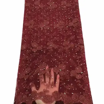 

2019 New style French net lace fabric wine red 3D flower African tulle mesh lace fabric high quality african lace fabric