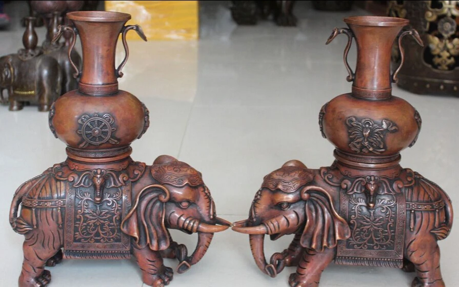 

14"Tibet Pure Copper 8 Auspicious Symbol Lucky Elephant Zun Vase Pot Statue Pair R0709 B0403