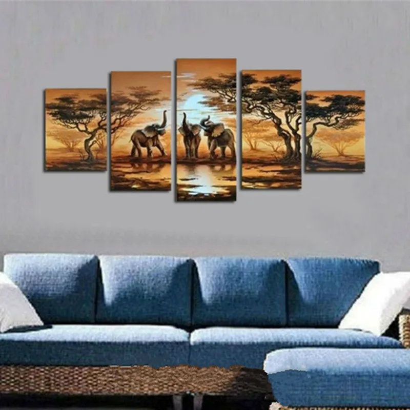 

Large 5 Piece Picture Handmade Canvas Paintings Handpainted Abstract African Elephant Landscape Oil Painting Home Decor Wall Art