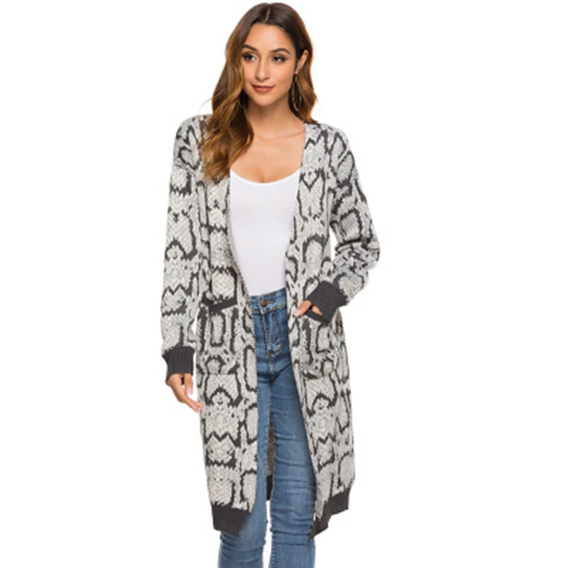 

Women Long Cardigan Sweater Top Long Sleeve loose knitting cardigan sweater Snake Print Knitted Female Cardigan pull femme