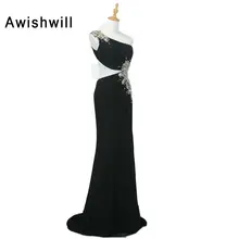 Sexy Backless Evening Dresses Long One Shoulder Beads Chiffon Women Prom Party Gown Black Robe De Soiree Abendkleider 2017